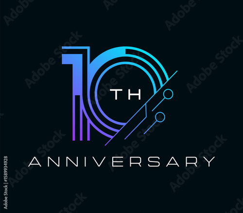 10 Years Anniversary with technology element design vector illustration. Unique 10 years logo design template. In purple blue color.