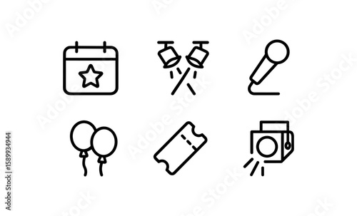 Event icons set: microphone, ticket, calendar, and more in linear style