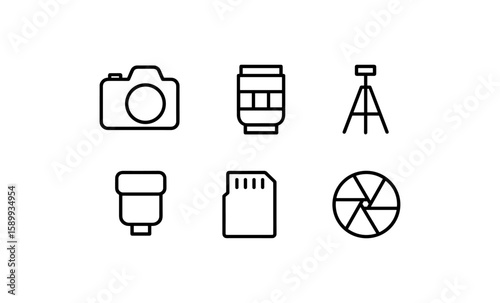 Photography equipment icons set: camera, lens, tripod, flash, memory card, aperture
