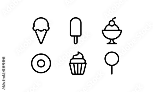 Minimalist dessert icons set featuring ice cream, cupcake, and more