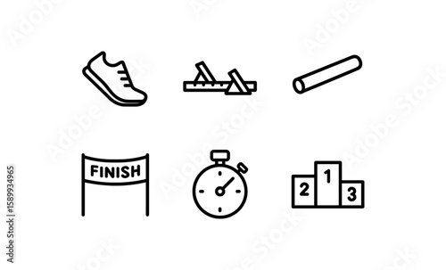 Minimalist athletics icons: shoes, finish line, stopwatch, and podium