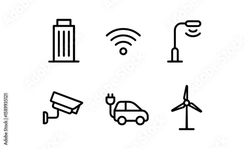 Smart city icon set featuring technology and sustainability elements