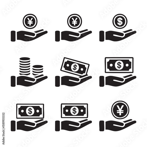 Hand holding currency coins and banknotes vector
