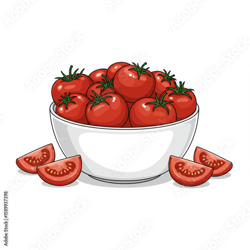 A bowl filled with juicy, ripe red tomatoes and tomato slices offers a fresh and healthy food graphic for various design projects.