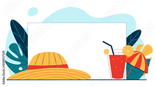 Summer vacation template with straw hat and tropical drink illustration  