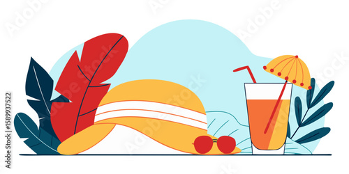 Summer hat and tropical drink with fruits on colorful background  