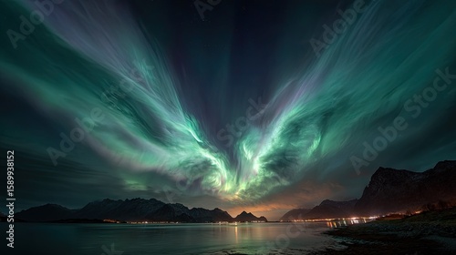 Aurora borealis over fjord, vibrant colours