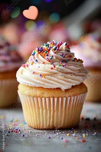 Colorful Cupcake With Frosting and Sprinkles on a Festive Background at a Bak...