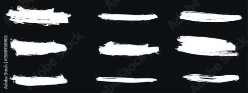 Grunge Brush Strokes Collection. A versatile collection of bold, grunge-style brush strokes in white on black background. Perfect for edgy designs, posters, and artistic compositions.