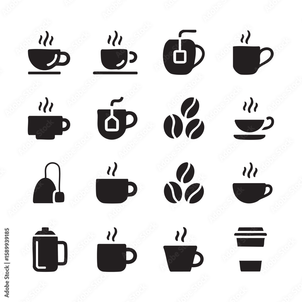 Obraz premium Hot beverage cups tea bags coffee beans and travel mug icons coffee cup tea cup