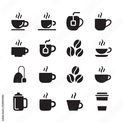 Hot beverage cups tea bags coffee beans and travel mug icons coffee cup tea cup