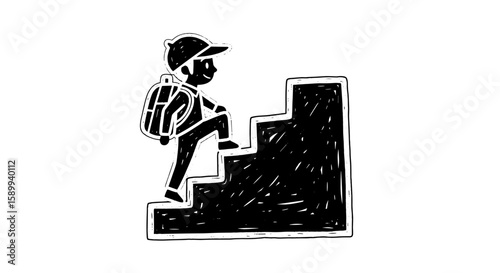 Child climbing stairs in chalk drawing style on transparent background  