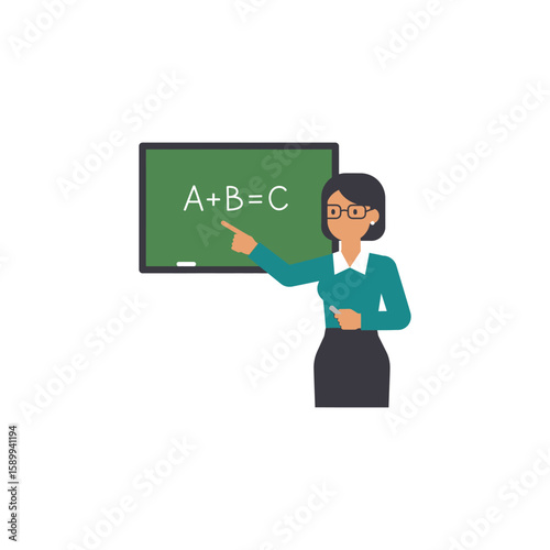 Dedicated female teacher explaining a basic mathematics equation on a green chalkboard in an educational classroom setting.