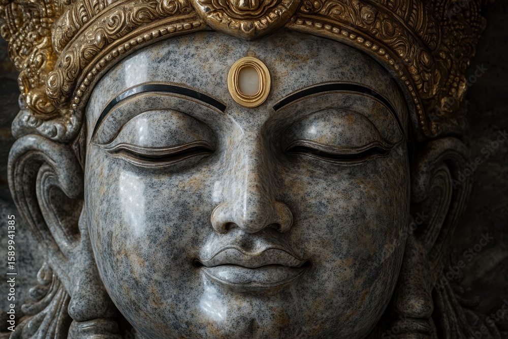 face of the statue of Lord Venkateswara with a large crown and closed eyes, Lord Venkateswara's face in the statue face of the statue of Lord Venkateswara with a large crown and closed eyes, Lord Venkateswara's face in the statue