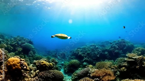 Sea turtle swimming over coral reef in clear blue ocean  