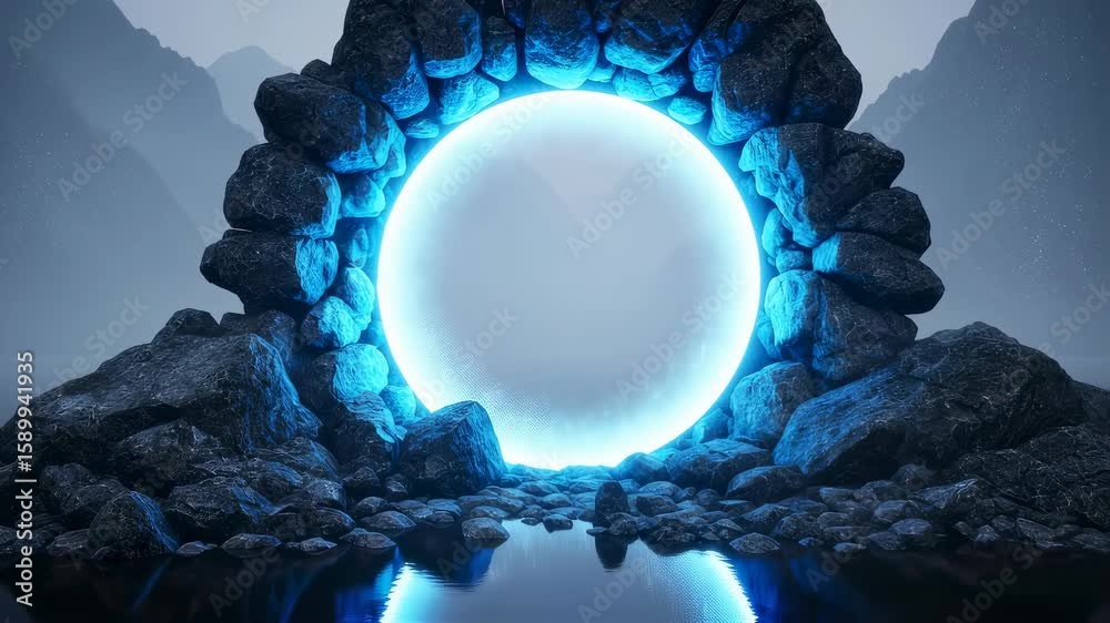 Glowing circular portal pulsating on a floating rock formation over water, mystic passage concept.