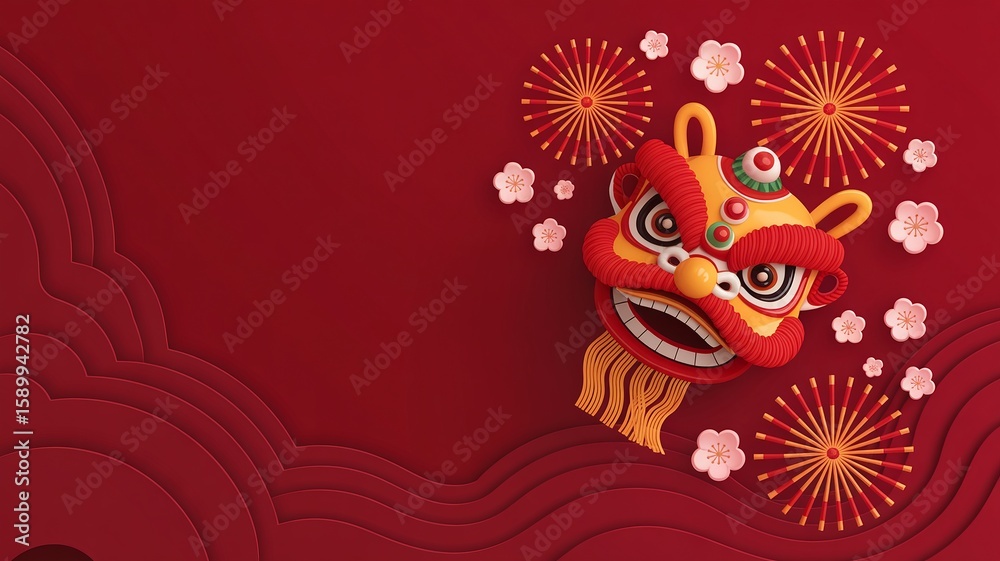 Obraz premium Luna new year, Festive Chinese New Year Lion Dance Head with Floral and Firework Elements