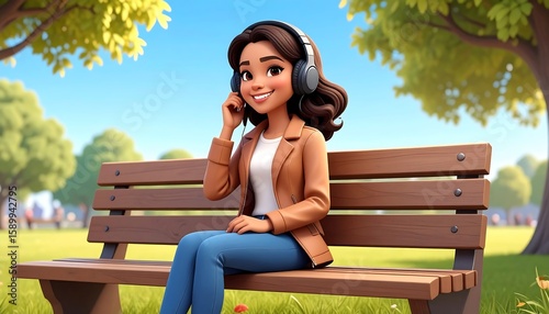 Woman listening to music in park