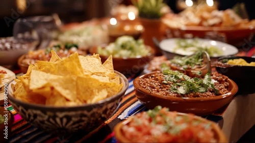 Colorful tablescape with delicious Mexican food and snacks  