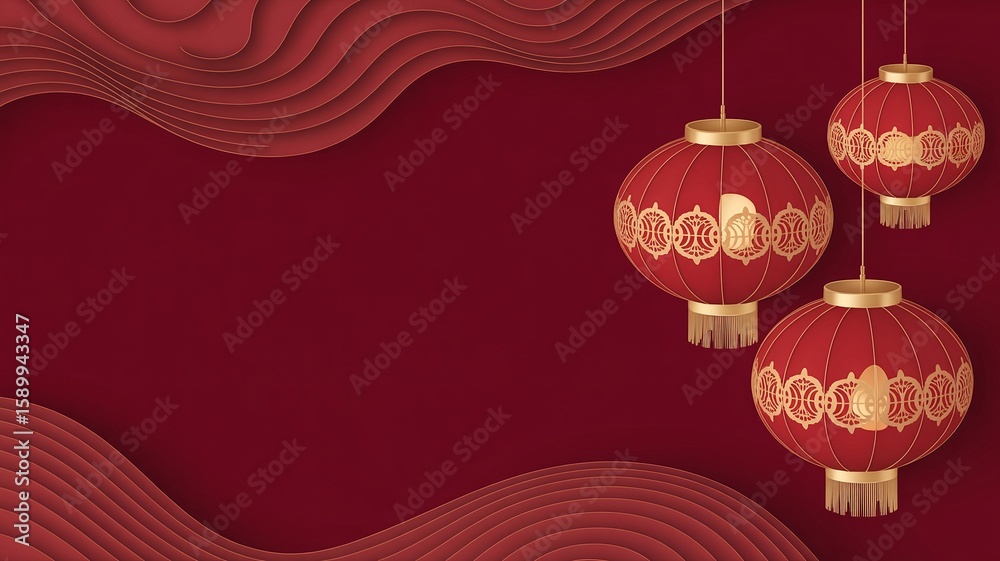 Naklejka premium Luna new year, Elegant Chinese Lanterns with Ornate Gold Details Against a Rich Red Background