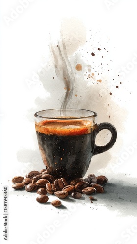 Hot Coffee Cup Steaming With Roasted Beans on a Textured Surface in Cozy Sett...