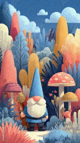 Colorful Gnome Exploring a Whimsical Forest With Vibrant Trees and Oversized ...