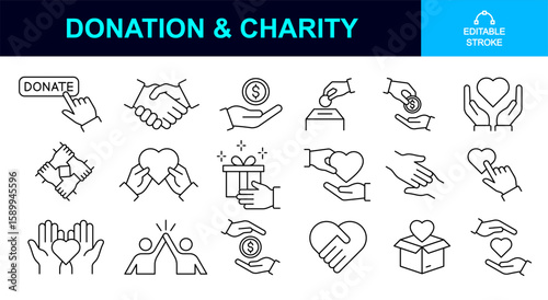 charity editable icon set. donate, support, volunteering, kindness, care, friendship, trust, love, sympathy, humanity, empathy, loyalty, assistance, sharing etc concept. eps. thin line icons