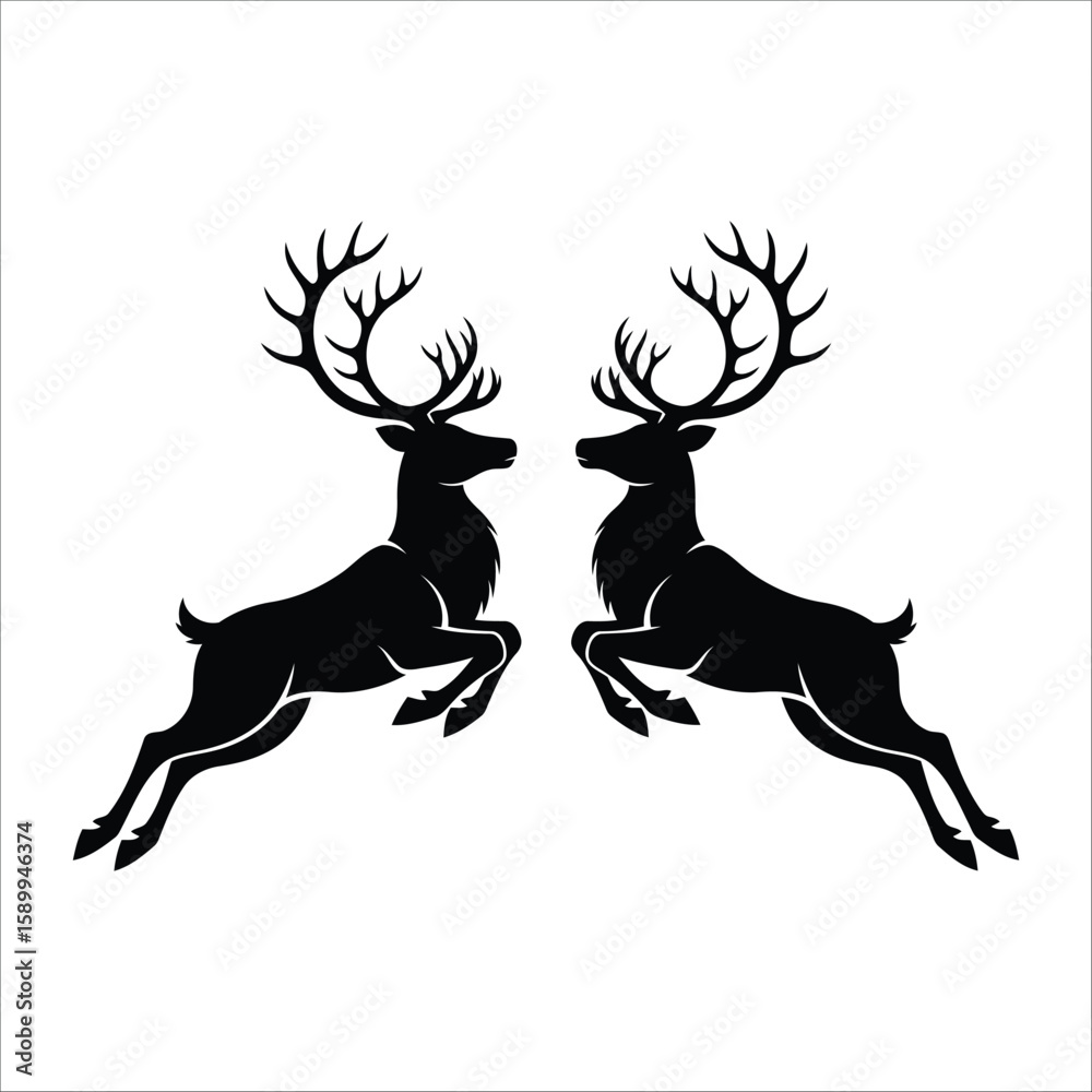 Fototapeta premium Two black silhouetted deer are depicted in a mirrored pose, facing each other on a white background.