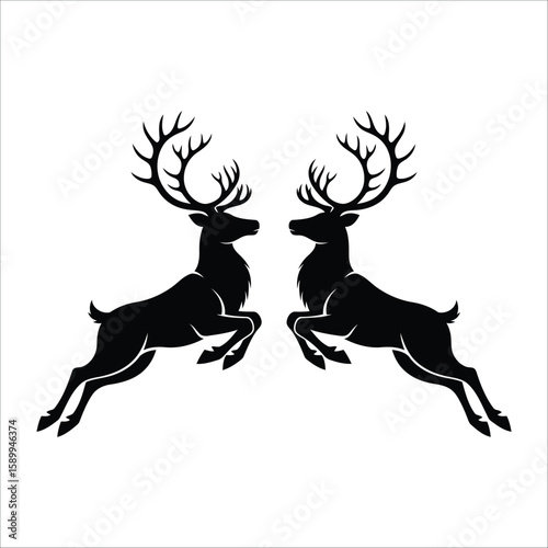 Two black silhouetted deer are depicted in a mirrored pose, facing each other on a white background. 