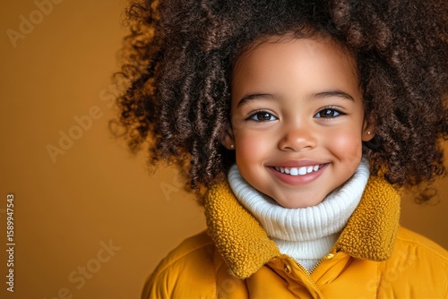 Young Girl With Curly Hair Smiles Warmly Against a Bright Orange Background D...