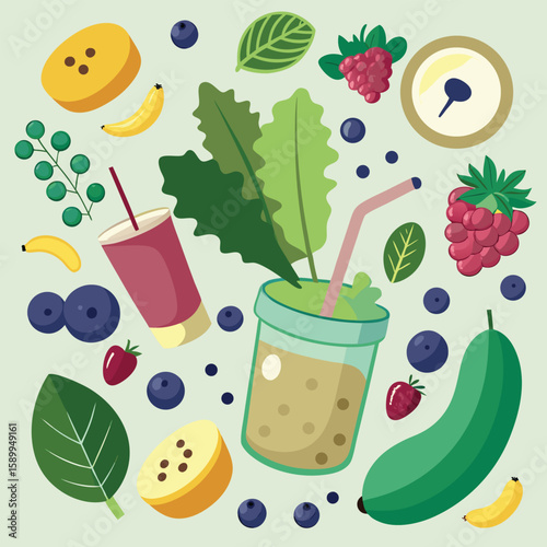 Colorful and healthy fruit and food pattern composed of smoothies and fresh fruits on a light green background
