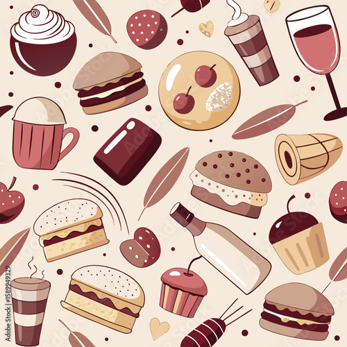 Delicious and appetizing food and drink seamless pattern in brown tones featuring burgers, cake, and coffee