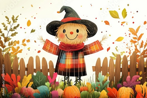 Colorful Scarecrow in a Vibrant Autumn Garden With Pumpkins and Yellow Leaves.