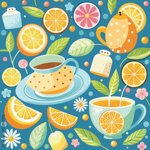 Delightful hand drawn citrus and tea time composition with orange slices teapot tea cup and decorative floral and leaf elements