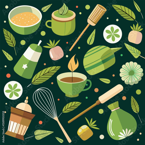 Vector illustration of various wellness and fruit tea ingredients with a botanical layout and soothing green tones for healthy eating