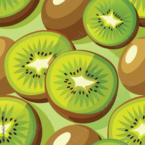 Vector seamless pattern illustrating fresh kiwi fruit slices and whole kiwis with green and brown color tones