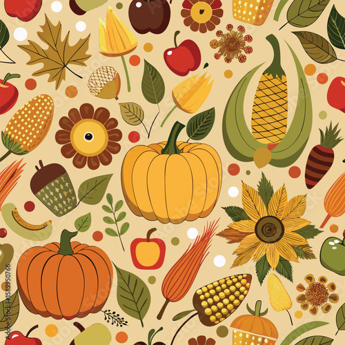 Whimsical autumn harvest seamless pattern featuring pumpkins apples leaves corn sunflowers and fall fruit