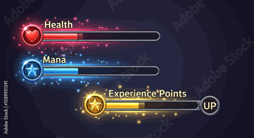 Game interface elements: health, mana, and experience point bars, all on a dark background, with glowing effects