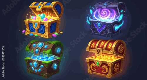 Four treasure chests with various effects, each containing different jewels and emanating a mystical glow