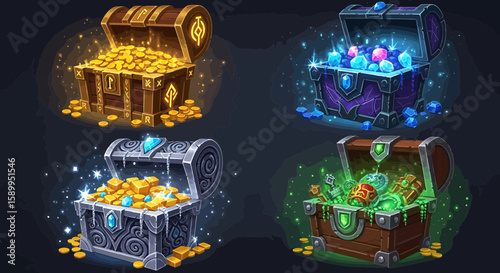 Four treasure chests filled with treasures, gems, and gold coins. The chests are glowing with mystical effects, creating an atmosphere of fantasy and adventure