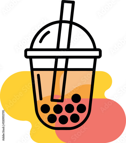 Illustration of a boba tea cup with a straw and tapioca pearls on a light gray background color splash
