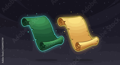 Two scrolls glow brightly, their surfaces inviting with the promise of knowledge and mystery. One scroll is a vivid green, while the other radiates with golden warmth