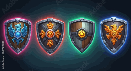 A group of illustrated shields with different emblem designs, each with a unique color scheme and intricate detailing.
