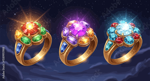 Three dazzling rings adorned with various gemstones, emanating a magical glow in a serene night sky.