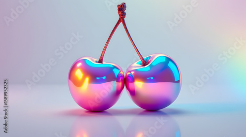Holographic cherry pair connected by shimmering stems with vibrant iridescent colors reflecting light beautifully