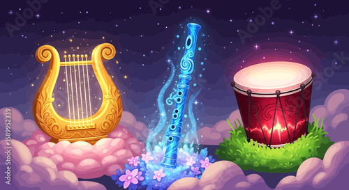 Musical Instruments Illustration. Featuring a harp, flute, and drum. The items are on cloud-like structure in a starry environment