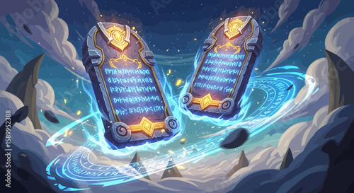 Ancient tablets floating amid swirling energy and clouds. The tablets appear to hold symbolic inscriptions