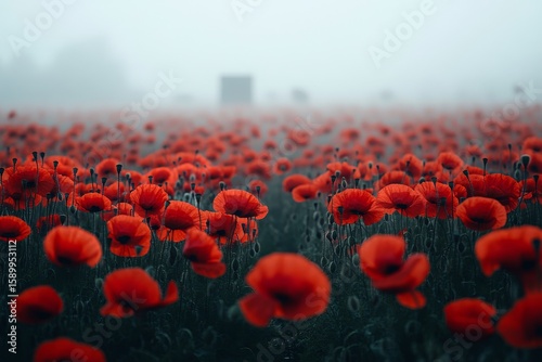 Vibrant Poppy Field in Early Morning Mist With Soft Light Illuminating Blossoms.