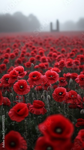 Vibrant Red Poppies Bloom in Misty Field at Dawn.