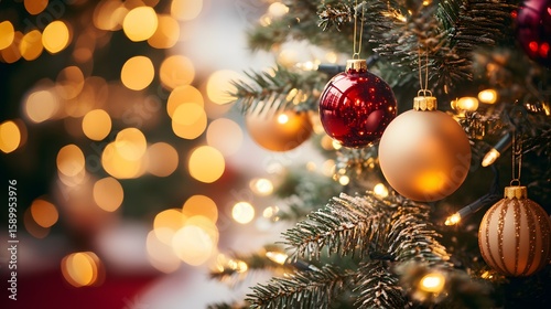 Festive Christmas Tree with Red and Gold Ornaments
